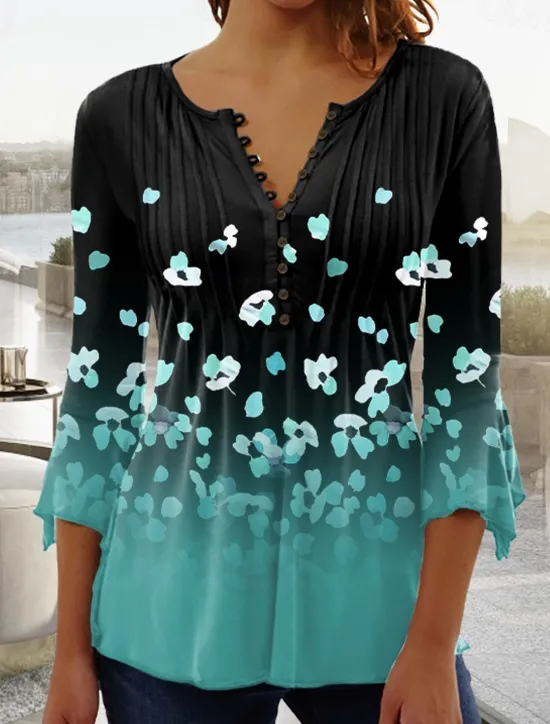 Discount Women's T Shirt Plus Size Shirt T Shirt Henley Shirt Blouse Graphic Polka Dot Flower Basic Long Sleeve Round Neck Regular Tops Casual Weekend Buttons Print Denim Blue Grass Green Black Yellow Light Women Tunic Tops