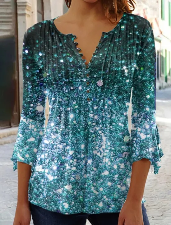Discount Women's T Shirt Plus Size Shirt T Shirt Henley Shirt Blouse Graphic Polka Dot Flower Basic Long Sleeve Round Neck Regular Tops Casual Weekend Buttons Print Denim Blue Grass Green Black Yellow Light Women Tunic Tops