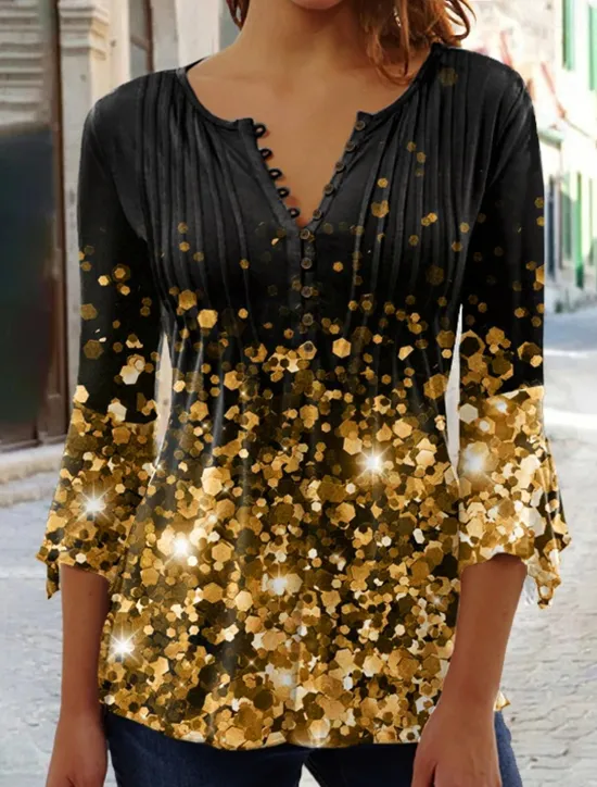 Discount Women's T Shirt Plus Size Shirt T Shirt Henley Shirt Blouse Graphic Polka Dot Flower Basic Long Sleeve Round Neck Regular Tops Casual Weekend Buttons Print Denim Blue Grass Green Black Yellow Light Women Tunic Tops