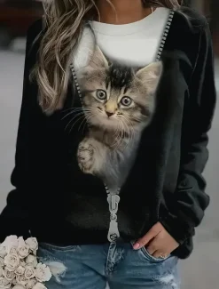 Best Women's T Shirt Pullover Casual Cat Street Casual Round Neck Print Long Sleeve Winter Spring & Fall Women Hoodies & Sweatshirts