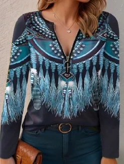 Outlet Women's T Shirt Quarter Zip Long Sleeve Casual Graphic V Neck Regular Tops Daily Pink Red Blue Purple Green Spring Fall Women Boho Tops