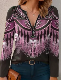 Outlet Women's T Shirt Quarter Zip Long Sleeve Casual Graphic V Neck Regular Tops Daily Pink Red Blue Purple Green Spring Fall Women Boho Tops