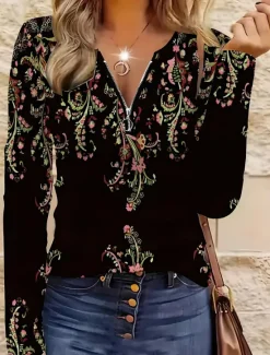 Discount Women's T Shirt Quarter Zip Long Sleeve Casual Graphic Tribal Vintage Bohemia Tropical Hawaiian V Neck Regular Tops Daily Going out Spring Fall Women Boho Tops