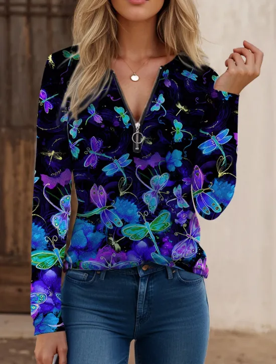 Outlet Women's T Shirt Quarter Zip Long Sleeve Casual Elegant Butterfly Regular Tops Crew Neck Daily Black White Navy Blue Blue Purple Spring Fall & Winter Women T-Shirts