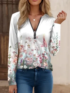 Outlet Women's T Shirt Quarter Zip Long Sleeve Casual Elegant Butterfly Regular Tops Crew Neck Daily Black White Navy Blue Blue Purple Spring Fall & Winter Women T-Shirts