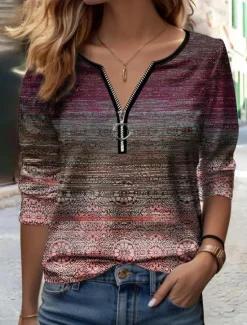 Best Women's T Shirt Quarter Zip Long Sleeve Casual Graphic V Neck Half Zip Regular Tops Daily Print Blue Green Spring & Fall Women Boho Tops