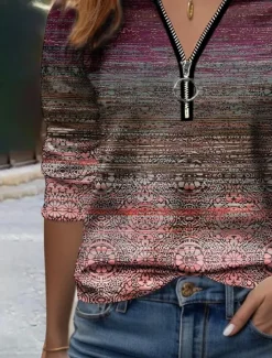 Best Women's T Shirt Quarter Zip Long Sleeve Casual Graphic V Neck Half Zip Regular Tops Daily Print Blue Green Spring & Fall Women Boho Tops