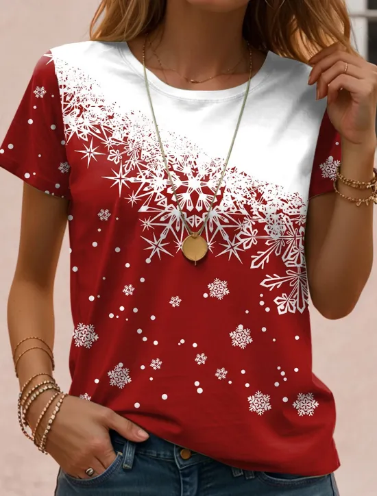 Discount Women's T shirt Snowflake Gradient Print Short Sleeve Round Neck Casual Summer Top White Comfort Fit Daily Wear Holiday Fashion Women T-Shirts