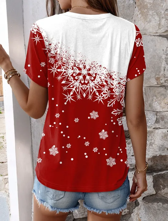 Discount Women's T shirt Snowflake Gradient Print Short Sleeve Round Neck Casual Summer Top White Comfort Fit Daily Wear Holiday Fashion Women T-Shirts
