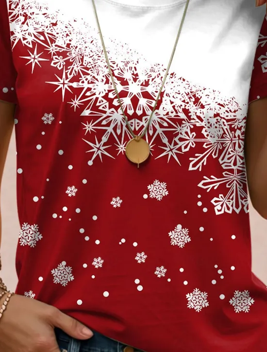 Discount Women's T shirt Snowflake Gradient Print Short Sleeve Round Neck Casual Summer Top White Comfort Fit Daily Wear Holiday Fashion Women T-Shirts