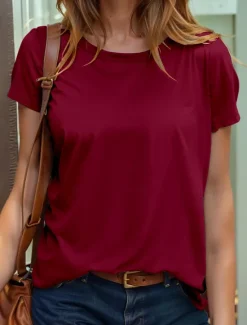 Women's T Shirt Solid Color Plain Stylish Casual Short Sleeve Round Neck Regular Tops Daily Weekend Print Black White Wine Sky Blue Dusty Blue Summer Spring Women T-Shirts