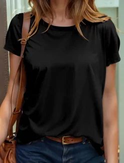 Women's T Shirt Solid Color Plain Stylish Casual Short Sleeve Round Neck Regular Tops Daily Weekend Print Black White Wine Sky Blue Dusty Blue Summer Spring Women T-Shirts