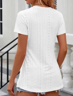Women's T Shirt Solid Color Elegant Stylish Short Sleeve Crew Neck Regular Tops Daily Going out Eyelet White Red Summer Women Lace Tops