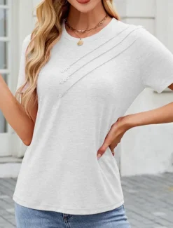 Discount Women's T Shirt Solid Color Fashion Classic Modern Short Sleeve Crew Neck Regular Tops Daily Weekend White Pink Green Khaki Summer Women T-Shirts