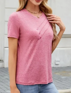 Discount Women's T Shirt Solid Color Fashion Classic Modern Short Sleeve Crew Neck Regular Tops Daily Weekend White Pink Green Khaki Summer Women T-Shirts