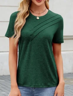 Discount Women's T Shirt Solid Color Fashion Classic Modern Short Sleeve Crew Neck Regular Tops Daily Weekend White Pink Green Khaki Summer Women T-Shirts