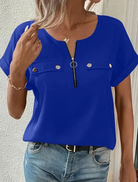 Discount Women's T Shirt Solid Color Plain Fashion Modern Casual Short Sleeve Crew Neck Regular Tops Daily Weekend Zipper Buttons Black Wine Blue Purple Summer Women T-Shirts