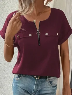 Discount Women's T Shirt Solid Color Plain Fashion Modern Casual Short Sleeve Crew Neck Regular Tops Daily Weekend Zipper Buttons Black Wine Blue Purple Summer Women T-Shirts