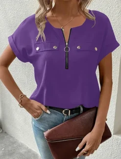 Discount Women's T Shirt Solid Color Plain Fashion Modern Casual Short Sleeve Crew Neck Regular Tops Daily Weekend Zipper Buttons Black Wine Blue Purple Summer Women T-Shirts