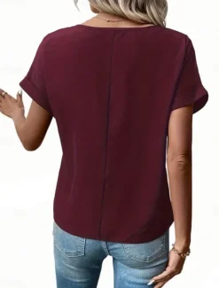 Discount Women's T Shirt Solid Color Plain Fashion Modern Casual Short Sleeve Crew Neck Regular Tops Daily Weekend Zipper Buttons Black Wine Blue Purple Summer Women T-Shirts