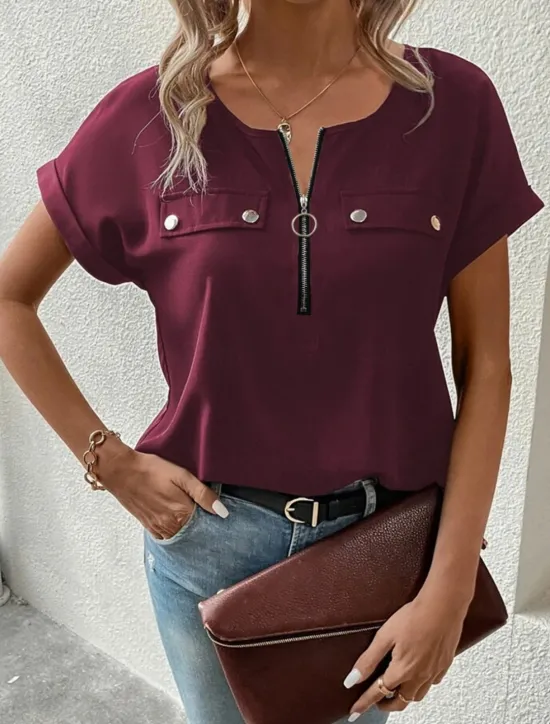Discount Women's T Shirt Solid Color Plain Fashion Modern Casual Short Sleeve Crew Neck Regular Tops Daily Weekend Zipper Buttons Black Wine Blue Purple Summer Women T-Shirts
