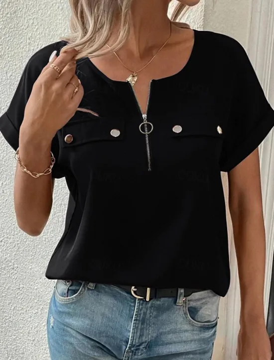 Discount Women's T Shirt Solid Color Plain Fashion Modern Casual Short Sleeve Crew Neck Regular Tops Daily Weekend Zipper Buttons Black Wine Blue Purple Summer Women T-Shirts