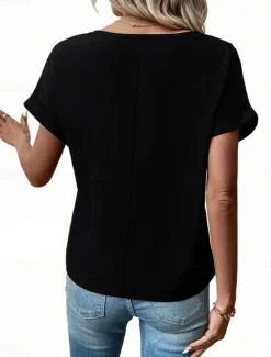 Discount Women's T Shirt Solid Color Plain Fashion Modern Casual Short Sleeve Crew Neck Regular Tops Daily Weekend Zipper Buttons Black Wine Blue Purple Summer Women T-Shirts