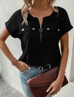 Discount Women's T Shirt Solid Color Plain Fashion Modern Casual Short Sleeve Crew Neck Regular Tops Daily Weekend Zipper Buttons Black Wine Blue Purple Summer Women T-Shirts