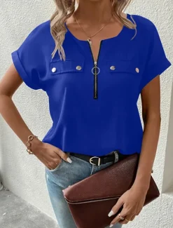 Discount Women's T Shirt Solid Color Plain Fashion Modern Casual Short Sleeve Crew Neck Regular Tops Daily Weekend Zipper Buttons Black Wine Blue Purple Summer Women T-Shirts