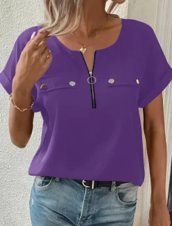 Discount Women's T Shirt Solid Color Plain Fashion Modern Casual Short Sleeve Crew Neck Regular Tops Daily Weekend Zipper Buttons Black Wine Blue Purple Summer Women T-Shirts