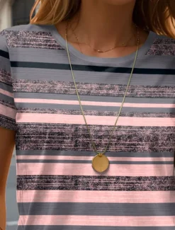 Hot Women's T Shirt Striped Casual Short Sleeve Round Neck Regular Tops Daily Print Summer Women Spring Tops