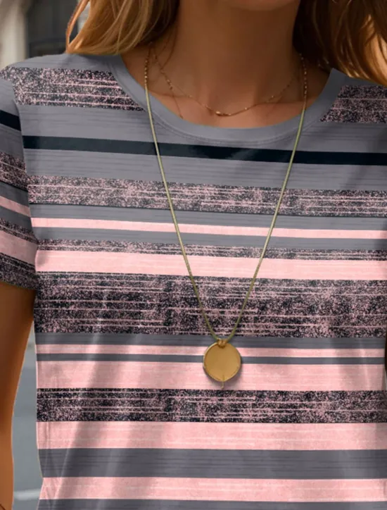 Hot Women's T Shirt Striped Casual Short Sleeve Round Neck Regular Tops Daily Print Summer Women Spring Tops