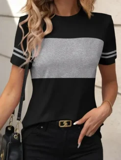 Online Women's T Shirt Striped Casual Short Sleeve Round Neck Regular Tops Daily Going out Weekend Print Black White Summer Women T-Shirts