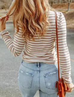 Outlet Women's T Shirt Striped Fashion Long Sleeve High Neck Regular Tops Vacation Daily Print Black Yellow Pink Orange Fall & Winter Women T-Shirts