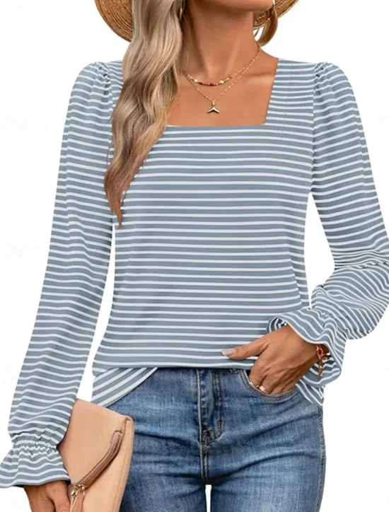 Online Women's T Shirt Striped Fashion Modern Casual Long Sleeve Square Neck Regular Tops Daily Weekend Black Light Blue Spring Fall Women T-Shirts