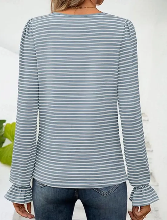 Online Women's T Shirt Striped Fashion Modern Casual Long Sleeve Square Neck Regular Tops Daily Weekend Black Light Blue Spring Fall Women T-Shirts
