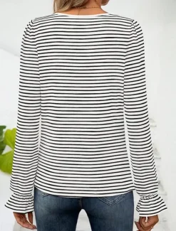 Online Women's T Shirt Striped Fashion Modern Casual Long Sleeve Square Neck Regular Tops Daily Weekend Black Light Blue Spring Fall Women T-Shirts