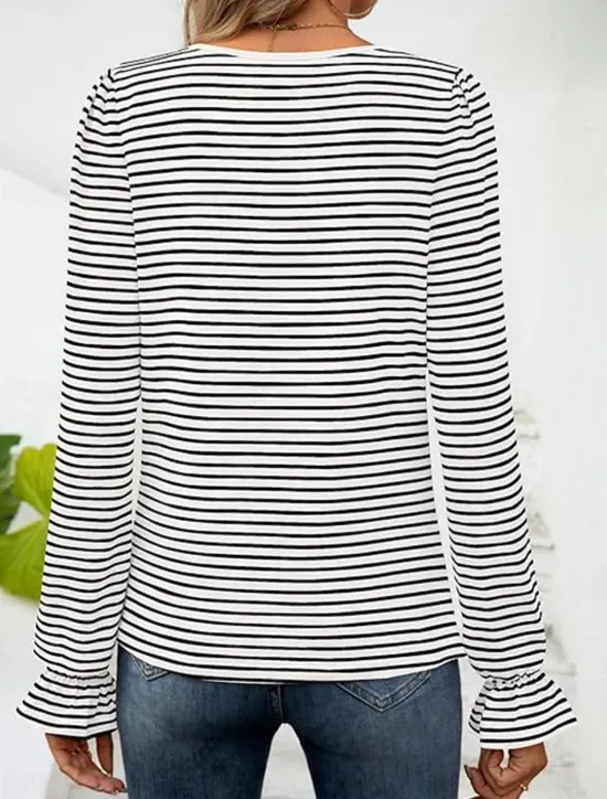 Online Women's T Shirt Striped Fashion Modern Casual Long Sleeve Square Neck Regular Tops Daily Weekend Black Light Blue Spring Fall Women T-Shirts