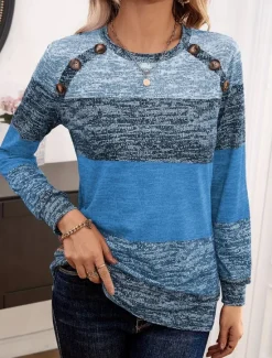 Hot Women's T Shirt Striped Fashion Modern Casual Long Sleeve Crew Neck Regular Tops Daily Weekend Patchwork Buttons Print Yellow Red Royal Blue Fall Winter Women T-Shirts