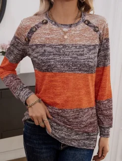 Hot Women's T Shirt Striped Fashion Modern Casual Long Sleeve Crew Neck Regular Tops Daily Weekend Patchwork Buttons Print Yellow Red Royal Blue Fall Winter Women T-Shirts