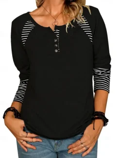 Discount Women's T Shirt Striped Fashion Long Sleeve Round Neck Long Tops Daily Weekend Buttons Print Black Pink Brown Gray Spring & Fall Women T-Shirts