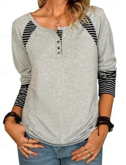 Discount Women's T Shirt Striped Fashion Long Sleeve Round Neck Long Tops Daily Weekend Buttons Print Black Pink Brown Gray Spring & Fall Women T-Shirts