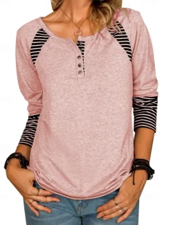 Discount Women's T Shirt Striped Fashion Long Sleeve Round Neck Long Tops Daily Weekend Buttons Print Black Pink Brown Gray Spring & Fall Women T-Shirts