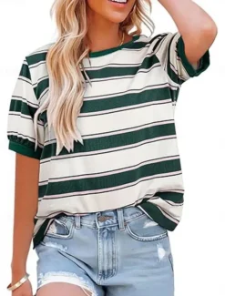 Outlet Women's T Shirt Striped Fashion Stylish Classic Short Sleeve Crew Neck Regular Tops Daily Weekend Print Black Pink Red Fuchsia Green Summer Spring Women T-Shirts