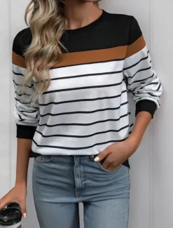 Discount Women's T Shirt Striped Fashion Modern Casual Long Sleeve Crew Neck Regular Tops Daily Weekend Fall Winter Women T-Shirts