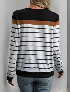 Discount Women's T Shirt Striped Fashion Modern Casual Long Sleeve Crew Neck Regular Tops Daily Weekend Fall Winter Women T-Shirts