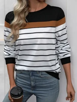 Discount Women's T Shirt Striped Fashion Modern Casual Long Sleeve Crew Neck Regular Tops Daily Weekend Fall Winter Women T-Shirts