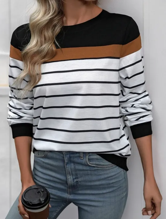 Discount Women's T Shirt Striped Fashion Modern Casual Long Sleeve Crew Neck Regular Tops Daily Weekend Fall Winter Women T-Shirts