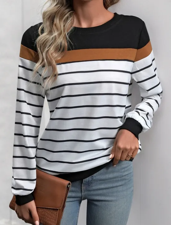 Discount Women's T Shirt Striped Fashion Modern Casual Long Sleeve Crew Neck Regular Tops Daily Weekend Fall Winter Women T-Shirts