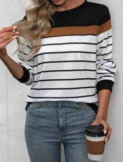 Discount Women's T Shirt Striped Fashion Modern Casual Long Sleeve Crew Neck Regular Tops Daily Weekend Fall Winter Women T-Shirts